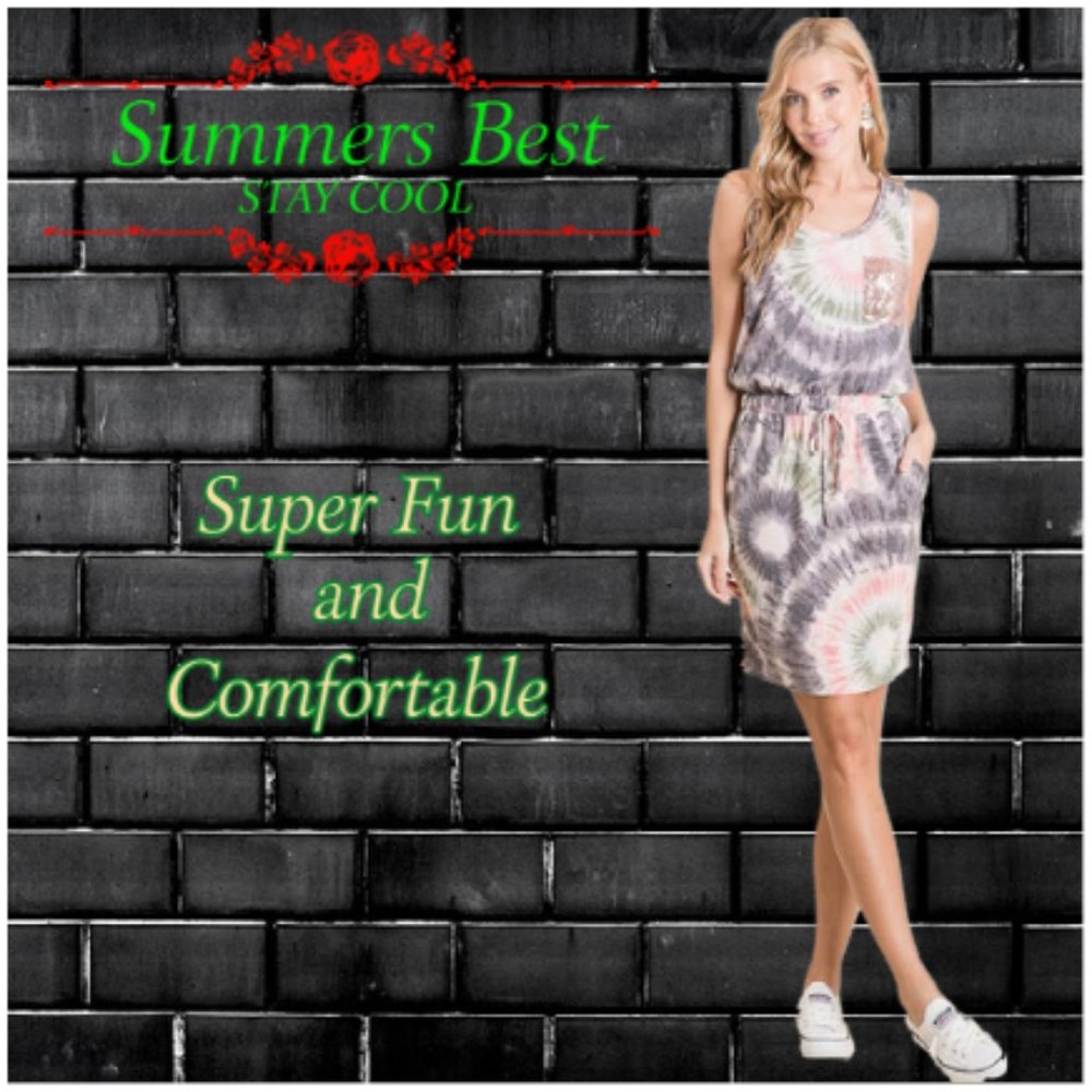 sleeveless tie dye knit dress pockets S M L U.S.A.